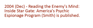 2004 (Dec) Reading the Enemy's Mind: Inside Star Gate: America's Psychic Espionage program (Smith) is published.